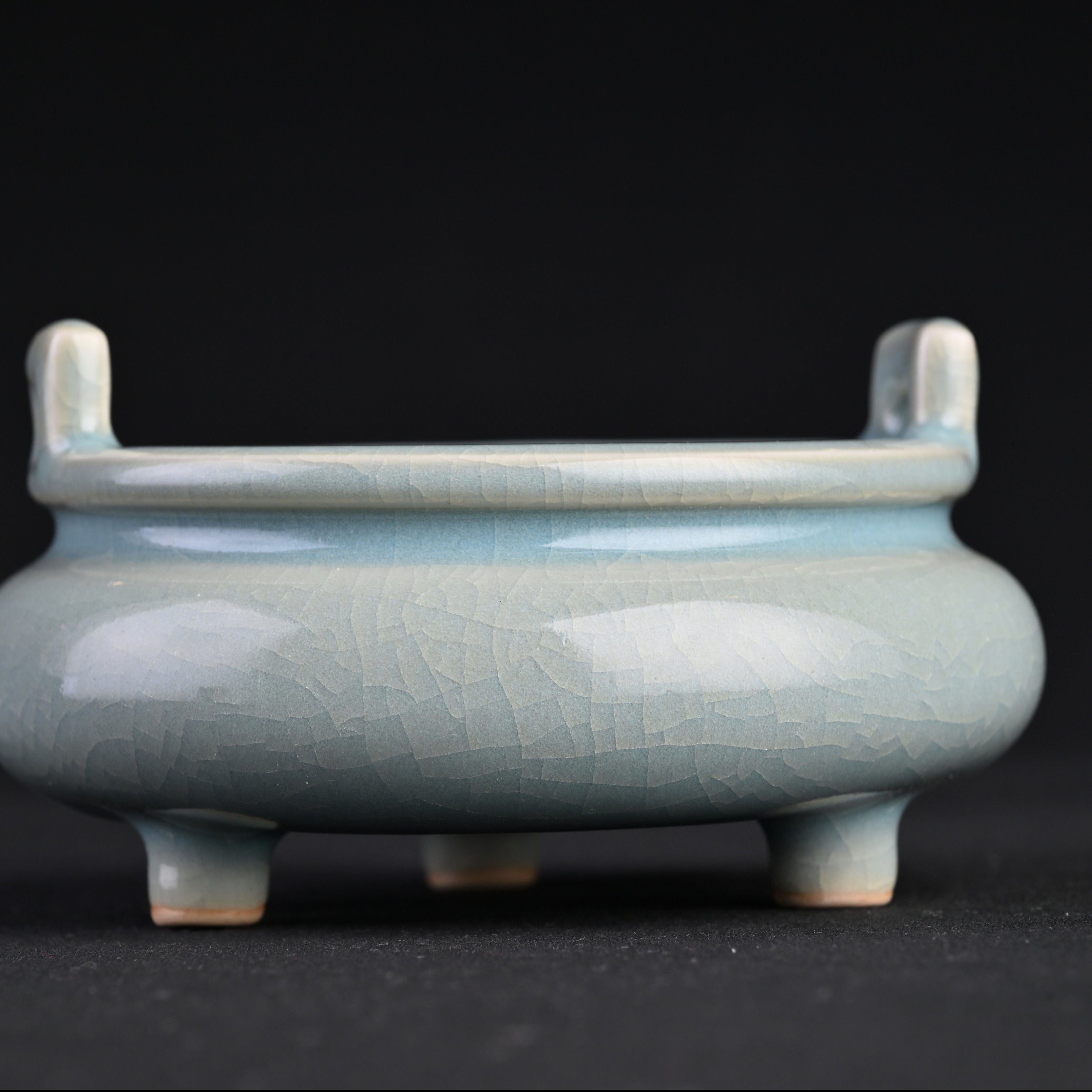 Natural Mineral Sky-Blue Glaze Tripod Incense Burner with Double Handles