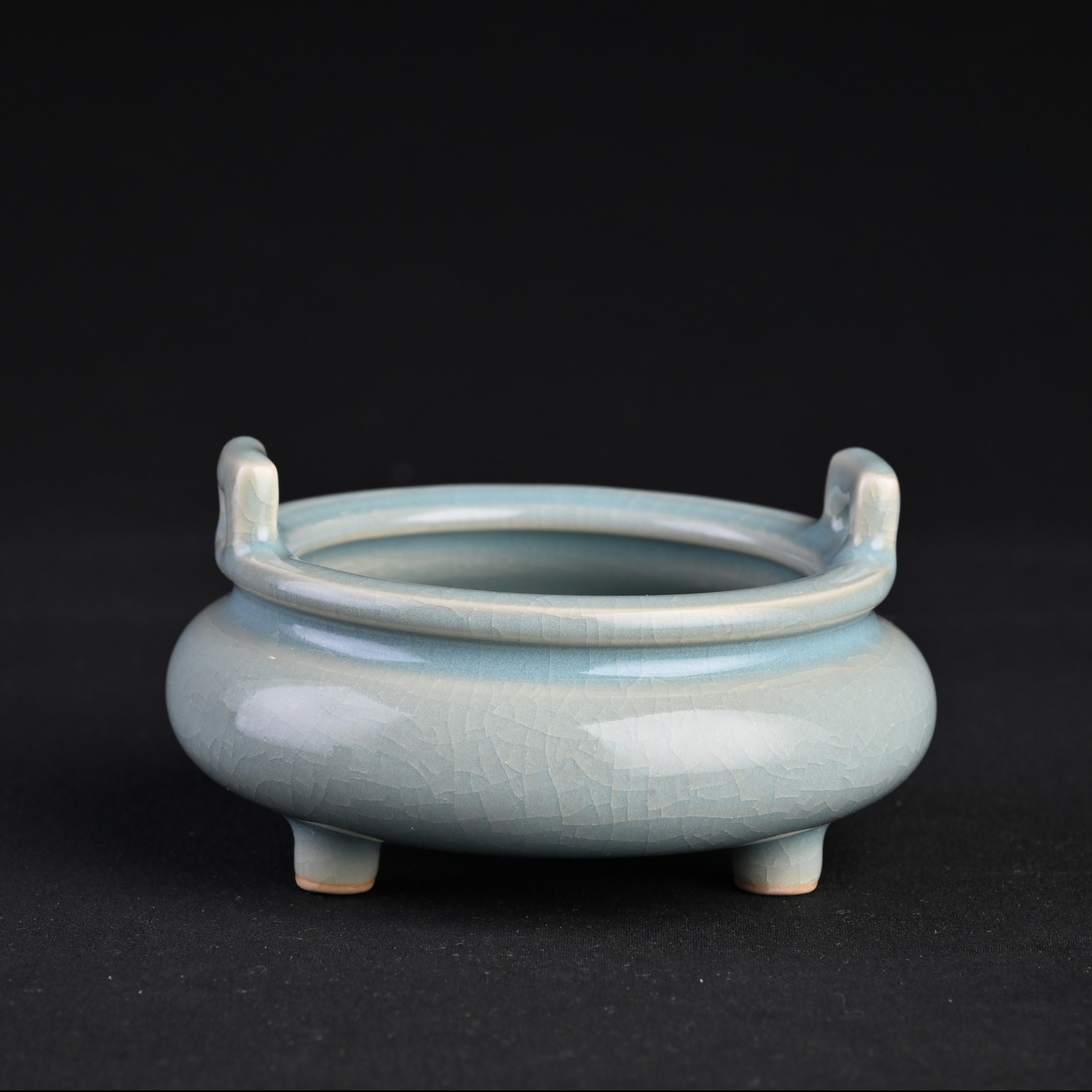 Natural Mineral Sky-Blue Glaze Tripod Incense Burner with Double Handles
