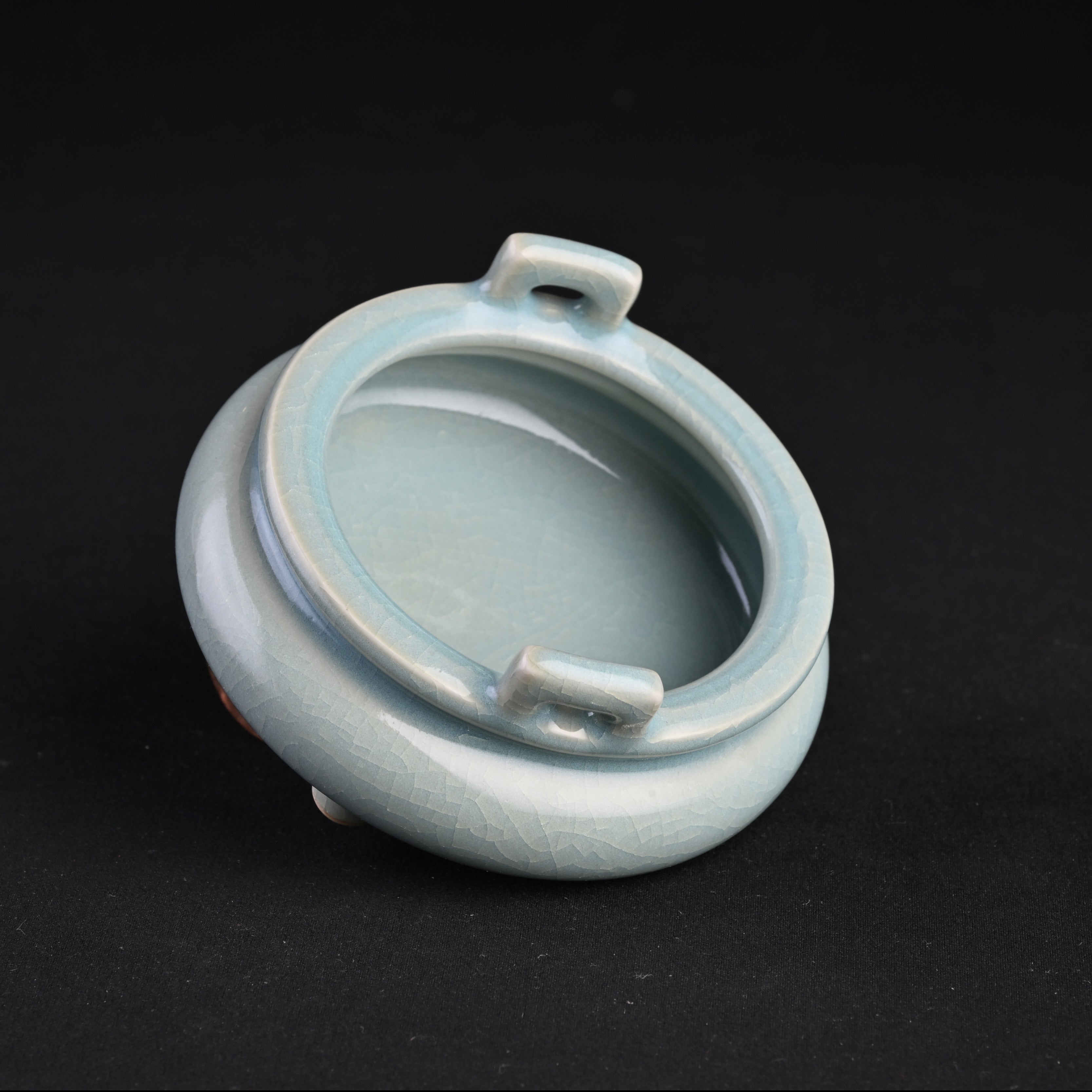 Natural Mineral Sky-Blue Glaze Tripod Incense Burner with Double Handles