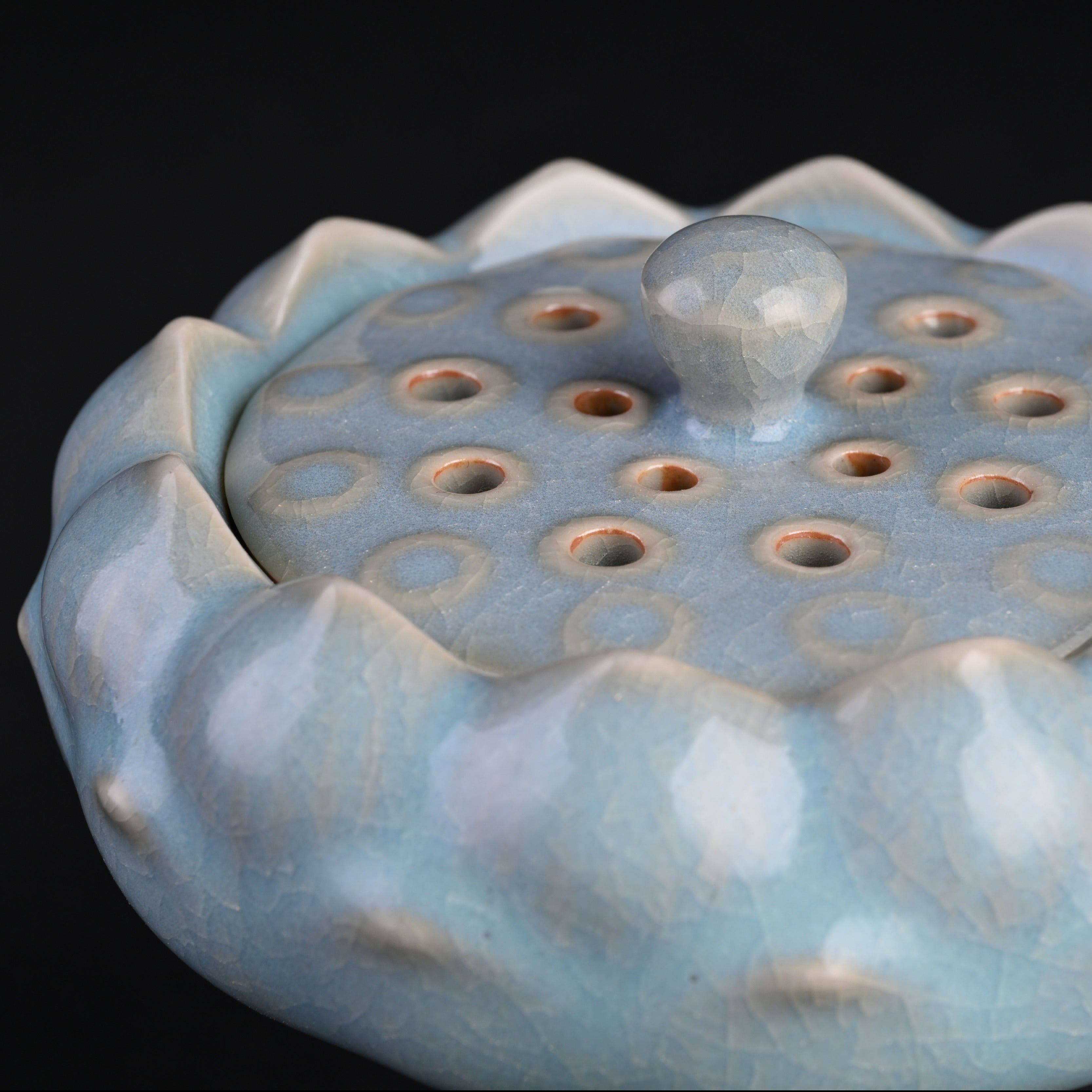 Natural Mineral Sky-Blue Glaze Lotus Incense Burner