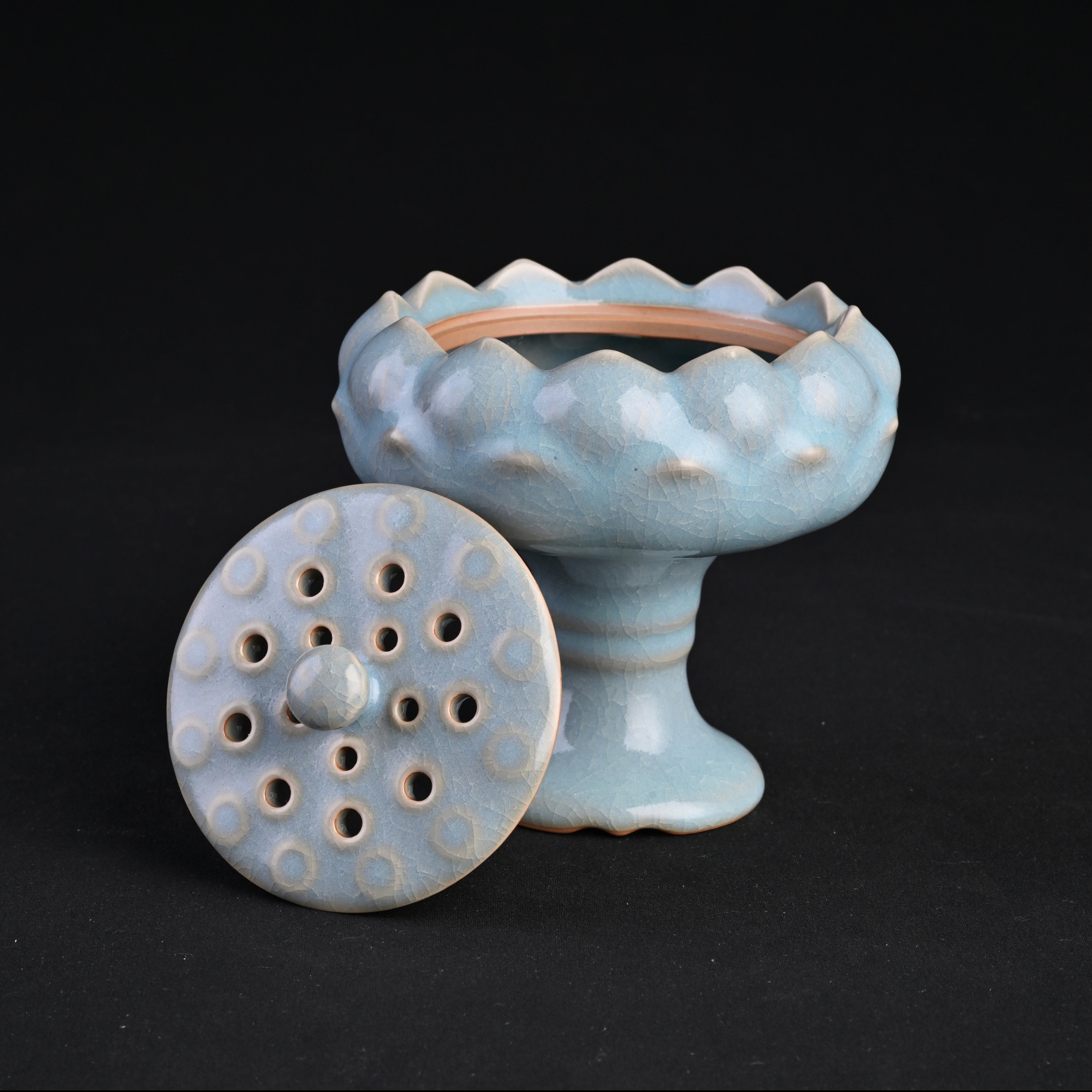 Natural Mineral Sky-Blue Glaze Lotus Incense Burner