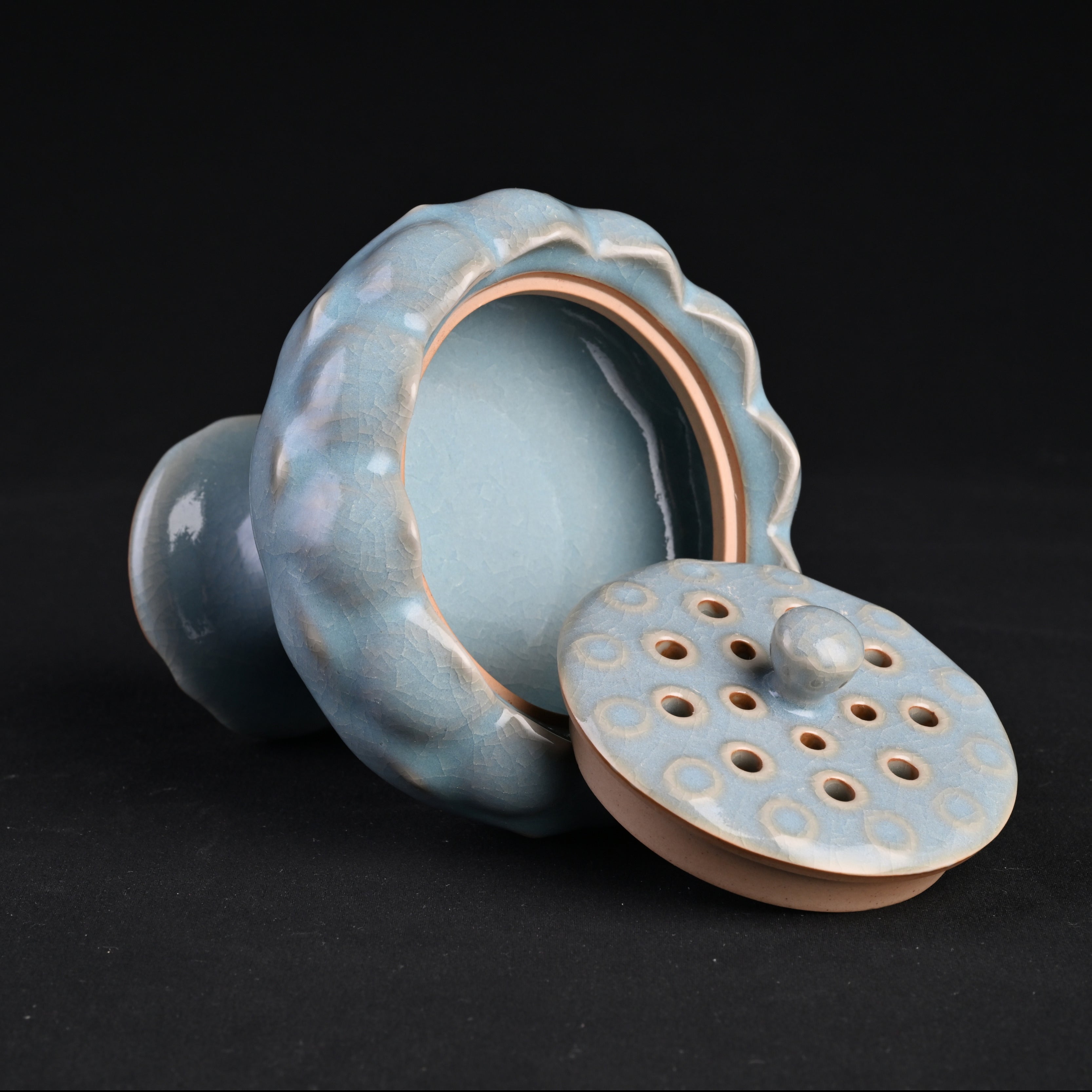 Natural Mineral Sky-Blue Glaze Lotus Incense Burner