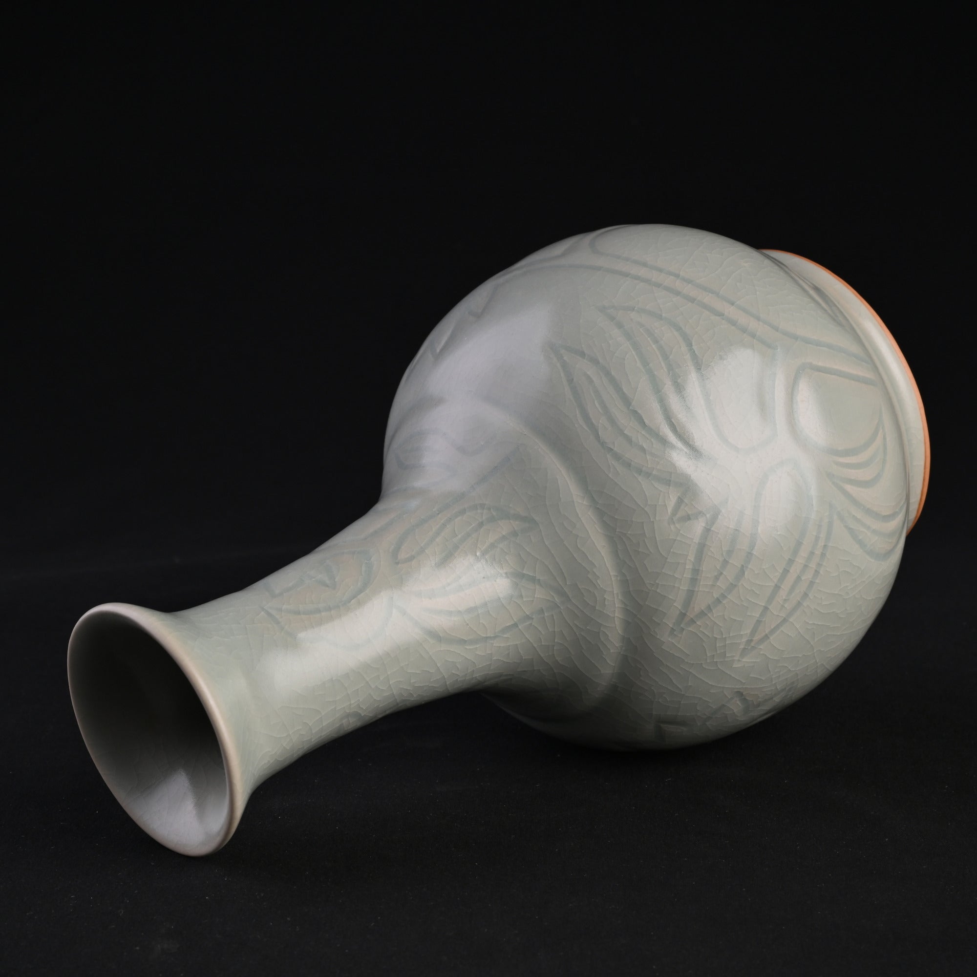 Natural Mineral Powder Blue Glaze Carved Goose-Neck Vase
