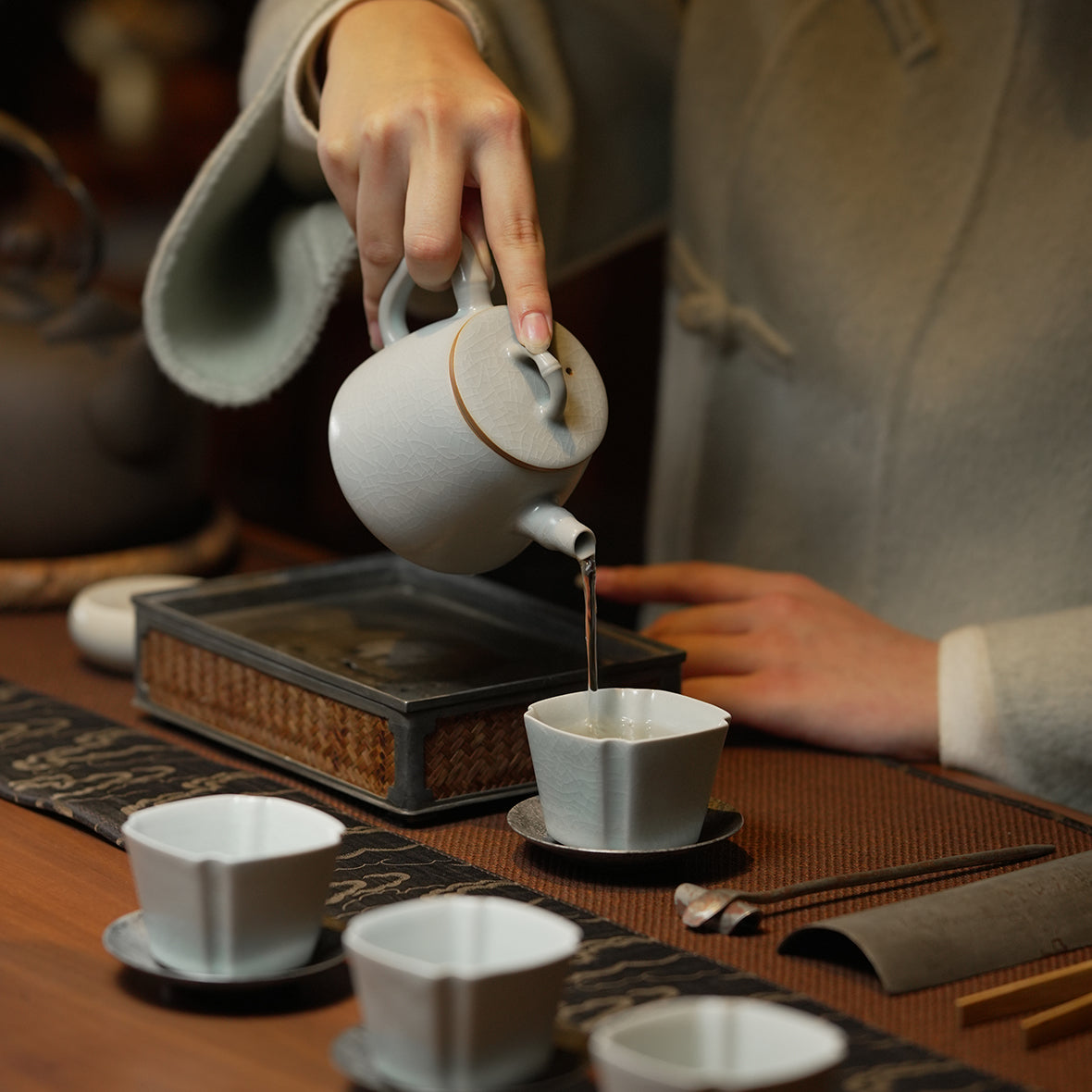 Re-fired Moon White Glaze “Take-kun” Bamboo Teapot Set